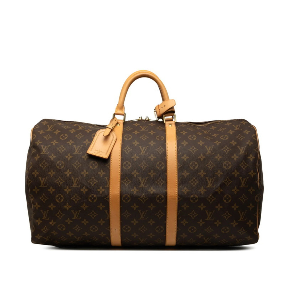 Louis Vuitton Monogram Keepall 55 Boston Bag Travel M41424 Brown Leather Wome...